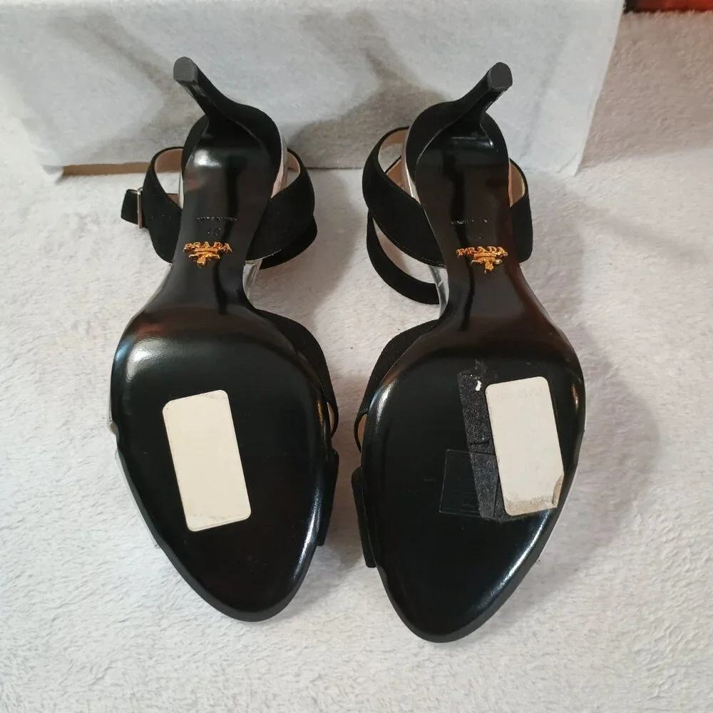 Prada Size 40 Black & Silver Iconic "Lip" Design Ankle Strap Heels - Picture 4 of 7
